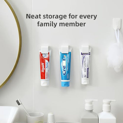 4-Pack Toothpaste Holder Wall Mounted, Plastic Tube Holders Clip for Shower | JM.JEEMI Tooth Paste Organizer Holder for Bathroom, Gripper for Face Cream Tubes c/w 1 Tube Squeezer - White, Small - size: Small_RT