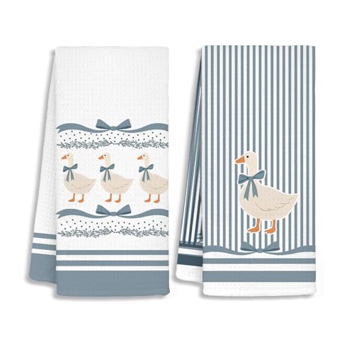 Coquette Blue Bow Goose Kids Hand Towels, Goose Gifts, Preppy Bow Blue and White Striped Farm Animals Decorative Hand Towels for Kids Girls Bathroom Decor, 16x24 Inch Set of 2 - color: Blue and White