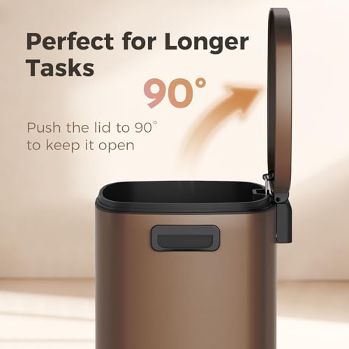 ELPHECO Kitchen Trash Can with Lid 13 Gal Stainless Steel Pedal Garbage Can | Soft Close Lid, Pedal, Heavy-Duty Fingerprint Proof Step Wastebasket with 20 Bags, Removable Bucket, Home Office, Brown - color: Brown
