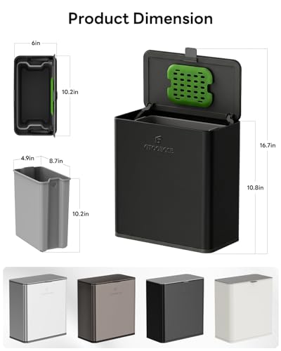 Kitchen Compost Bin, 8L/2.1G Small Trash Can with Lid, Slim Stainless Steel Hanging Garbage Bin for Kitchen, Bathroom, Bedroom, Office, Wall Mounted Compost Bin with Inner Bucket, Black - size: 8L-Black