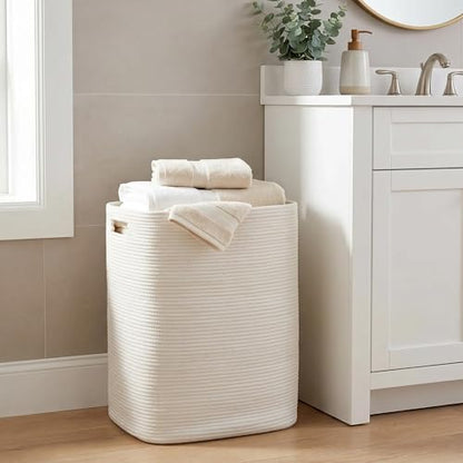 Large Laundry Hamper 16"x13"x22" - Tall Woven Laundry Basket, Cotton Rope Dirty Clothes Hamper, Baby Kids Nursery Wicker Laundry Basket, Bedroom Aesthetic, Soft Laundry Bin, White Hamper, 75L - color: White