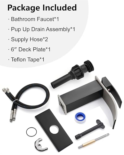 Midanya Waterfall Bathroom Faucet 1 Hole,Brushed Nickel Spout/Matte Black | with 24” Hoses,Pop Up Drain,6” Deck Plate,for 1 or 3 Hole Vanity,Lavatory,RV,Single Handle Bathroom Sink Faucet,NSF Certified - color: Nickel Spout/Black