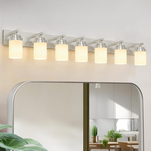 IZORRO Bathroom Vanity Light Fixture, 7-Light 52 inch Brushed Nickel Bathroom Light Fixtures Over Mirror, with White Glass Shade, Modern Farmhouse Vanity Lights, Rustic Restroom Lighting Fixtures - color: Nickel-White Glass Shade, size: 52 inch-7-Light