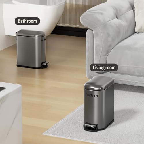 MRBIN Stainless Steel Slim Bathroom Trash Can with Lid, 6L / 1.6Gal Step Narrow Waste Basket Covered Odorless Dustbin with Inner Bucket for Bedroom, Kitchen, Vanity, Office, Eclipse-Grey - color: Eclipse Grey - 1.6 Gallons, style: Arc Lid