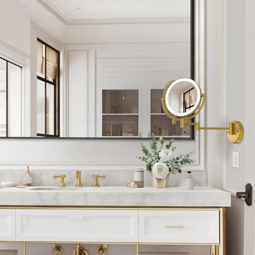 8" Lighted Magnifying Makeup Mirror Wall Mounted, Brushed Moderne Brass | 1X/10X Double Sided, 3 LED Color Touch Dimmable, 360 Swivel Gold Extendable Arm Vanity Shaving for Bathroom, Rechargeable - color: Brushed Moderne Brass