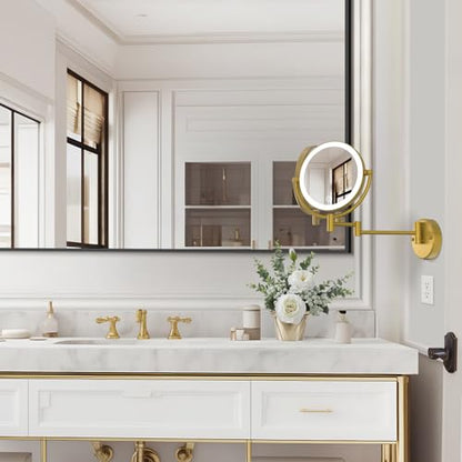 8" Lighted Magnifying Makeup Mirror Wall Mounted, Brushed Moderne Brass | 1X/10X Double Sided, 3 LED Color Touch Dimmable, 360 Swivel Gold Extendable Arm Vanity Shaving for Bathroom, Rechargeable - color: Brushed Moderne Brass