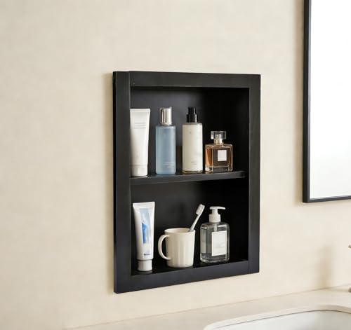 14''x18''Shower Niche, Wood Recessed Wall Niche Medicine Cabinets 2-Tier | Bathroom Niche Wooden Shower Niche Black Niche Cabinets for Living Room Bathroom Storage - size: 2-Tier