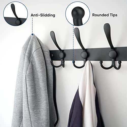 TICONN Wall Mounted Coat Rack, Five Heavy Duty Tri Hooks All Metal Construction for Jacket Coat Hat in Mudroom Entryway (Matte Black, 2-Pack) - color: Matte Black