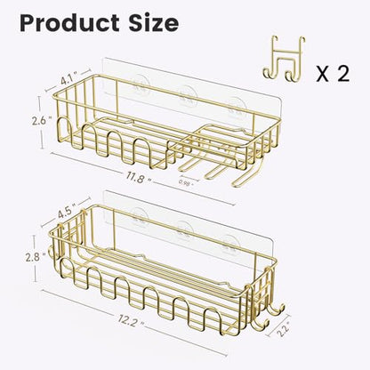 4-Pack Adhesive Shower Caddy, Wall Mounted Bathroom Shelf, Gold | 2 Open Grid Baskets, Drill-Free Adhesive, 2 Detachable Hooks, Rustproof Metal, Ideal Bathroom Kitchen Shelf, Holds 25Lbs - color: Gold