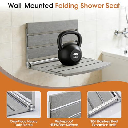20" Folding Shower Seat, Fold Down Shower Seat Wall Mounted, Stainless Steel Frame with HDPS Seat, 400 lb Load Capacity, Folding Shower Bench for Seniors & Elderly (Gray) - color: Gray