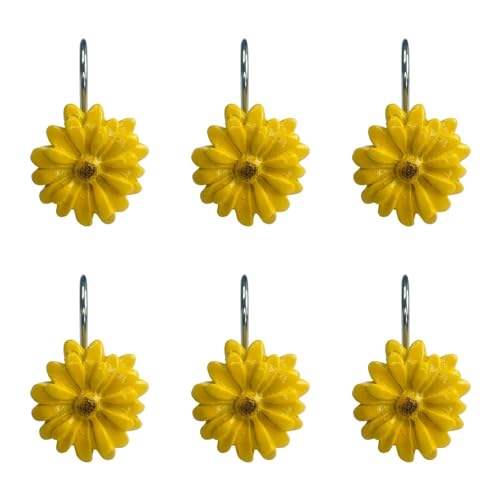 Twofish Home Sun Flower Shower Curtain Hooks Anti Rust Shower Curtain Hooks Decorative Resin Sun Flower Shower Curtain Rings Set of 12 - color: Sun Flower