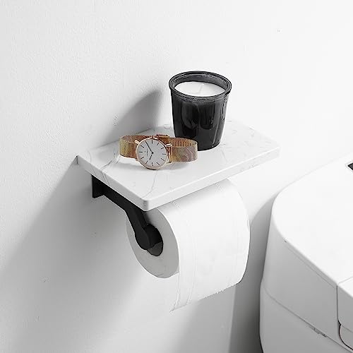 Hoimpro Toilet Paper Holder Wall Mounted, Marble Tissue Roll Rack | Matte Black | White Natural Marble Shelf Hand Paper Roll Holder, for Bathroom Kitchen Washroom Bedroom Aluminum - color: Black