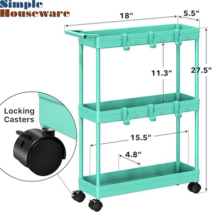 Simple Houseware 3-Tier Slim Rolling Cart w/Handle 5.5" Wx27.5 H, Turquoise | Storage Cart for Narrow Space (5.5-Inch Wide) Kitchen, Bathroom, Laundry Room - color: Turquoise