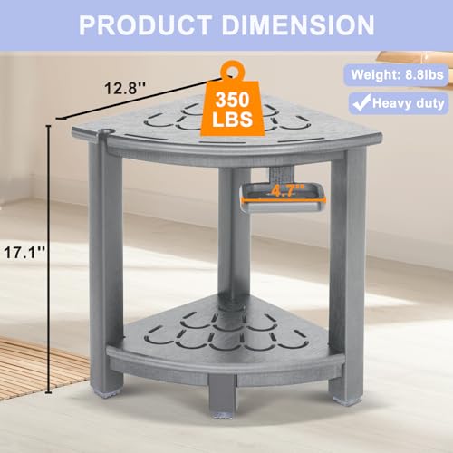 NALONE Corner Shower Stool, HDPE Shower Bench for Inside Shower, Small Shower Chair Seat for Shaving Legs with Storage Shelf, Soap Box and No-Slip Feet (Grey) | Small Shower Chair Seat for Shaving Legs, with Storage Shelf, Soap Box and No-Slip Feet, All W