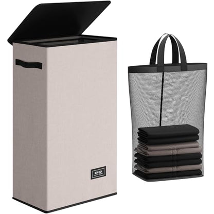SOLEDI Slim Laundry Hamper with Lid, Narrow Laundry Basket with Removable Bags, Dirty Clothes Hamper with handle, Small Hamper perfect for Laundry room, Bathroom, Bedroom, Small spaces.Light taupe - color: Light taupe, size: 70L