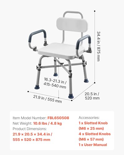 VEVOR Swivel Shower Chair with Arms and Back, 500 lbs Heavy Duty Bench Seat for Inside Shower Stall and Bathtub, Height Adjustable Bathroom Bath Tub Seat for Adults, Seniors, Elderly and Disabled
