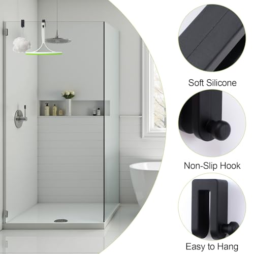 2Pcs Shower Glass Door Hooks, Silicone Towel Hanging Hook No Drilling Frameless Glass Door Scraper Bracket for Bathroom Kitchen(Black) - color: Black