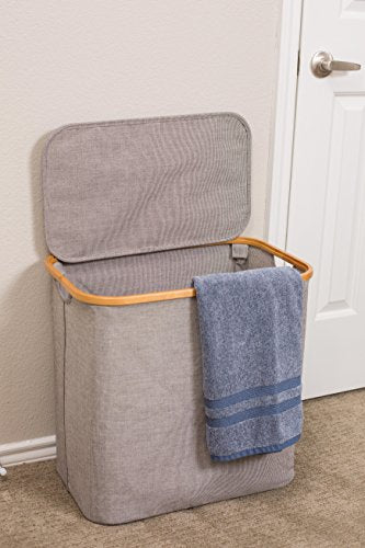 BirdRock Home Bamboo & Canvas Hamper | Single Laundry Basket with Lid | Foldable Hamper | Cut Out Handles