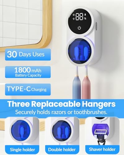 Toothbrush Sanitizer Holder, GEVOODIX Tooth Brush Holder for Bathroom, Wall-Mounted Toothbrush Holders Organizer Auto-Inductive Cover, 140℉ Air Drying Fits Most Electric, Manual and Kids’ Toothbrushes