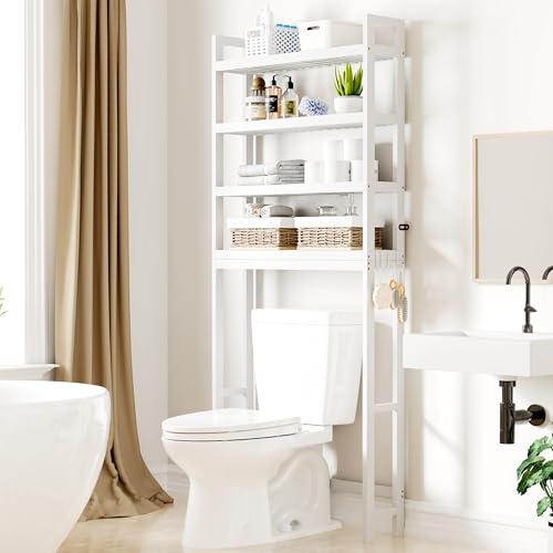 Smiry Over The Toilet Storage Cabinet, 4-Tier Bamboo Bathroom Organizers with Adjustable Shelf & 4 Hooks, Space Saving Shelf Rack for Bathrooms, Laundry Room, Balcony, White - color: White, size: 4 Tiers (72.8"H)