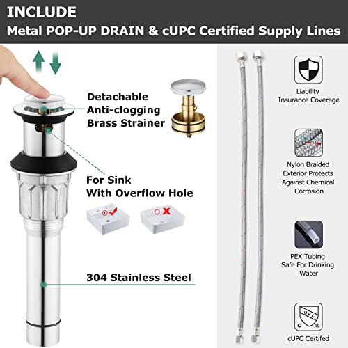 Chrome Widespread Bathroom Sink Faucet 8 Inch for Vanity | with All Metal Pop Up Drain, High Arc 2 Handle Lead-Free Deck Mount Bathroom Faucet for 3 Hole Lavatory Utility Sink - color: Chrome