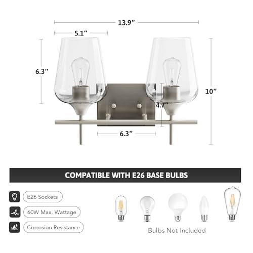 VONLUCE Bathroom Vanity Light, 2 Light Bathroom Light Fixture Over Mirror, Bathroom Wall Lamp with Clear Glass, Modern Brushed Nickel Vanity Lighting fixtures for Bathroom, Bedroom, Hallway | Wine Glass Shades, E26 Sockets, Easy to install, Vanity Lights
