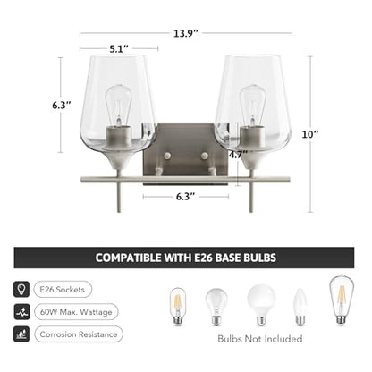 VONLUCE Bathroom Vanity Light, 2 Light Bathroom Light Fixture Over Mirror, Bathroom Wall Lamp with Clear Glass, Modern Brushed Nickel Vanity Lighting fixtures for Bathroom, Bedroom, Hallway | Wine Glass Shades, E26 Sockets, Easy to install, Vanity Lights