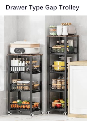 Metal Wire Baskets with Wheels, Stackable Storage Bins Kitchen Organizer Shelf, Multi Layer Fruit Vegetable Cart Dishes Seasonal Rack Freestanding with Pull Out Slide Drawer - size: 5 Tier with Slide Drawer