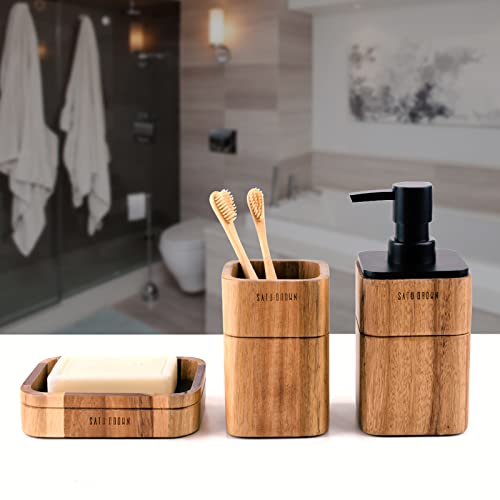Bathroom Accessories Set 3 Piece Bath Ensemble Includes Soap Dispenser, Bathroom Tumbler, Soap Dish Accessories for Decorative Countertop and Housewarming Gift,Acacia Wood - style: Acacia Wood