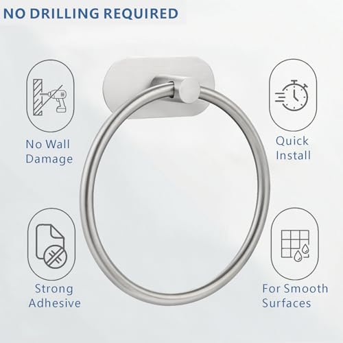Self-Adhesive Towel Ring, No Drill Stainless Steel Round Hand Towel Holder, Rustproof Waterproof Towel Hanger with Strong Sticky Base, Wall-Mounted Towel Loop for Bathroom Kitchen (Brushed Nickel) - color: Brushed Nickel