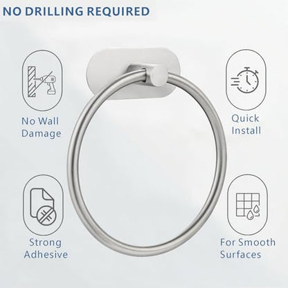 Self-Adhesive Towel Ring, No Drill Stainless Steel Round Hand Towel Holder, Rustproof Waterproof Towel Hanger with Strong Sticky Base, Wall-Mounted Towel Loop for Bathroom Kitchen (Brushed Nickel) - color: Brushed Nickel