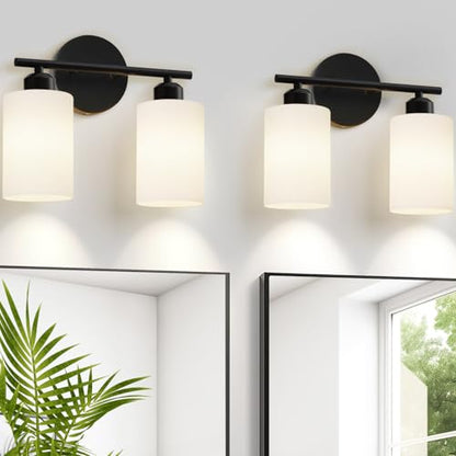 2-Light Bathroom Light Fixtures, Black Modern Vanity Lights with Milky White Frosted Glass Shades, Wall Sconce Light for Bedroom, Living Room and Hallway, 2-Pack - color: Milky White & Matte Black, size: 2 Light - 2 pack