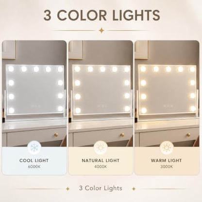 FENNIO Lighted Vanity Mirror, 15.6" x 12.7", 11 LED Bulbs, 360° Rotation | Horizontal 11-light vanity mirror with 360° rotation, wider viewing angle, and white desk-friendly design. - size: 17"L x 13"W