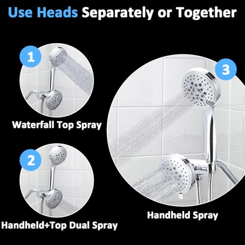 High Pressure Rain Shower Head Combo with Fixed and 9 Sprays Handheld, Non-Clogging Nozzles, Stainless Steel Hose with Adjustable Bracket Double Shower Head