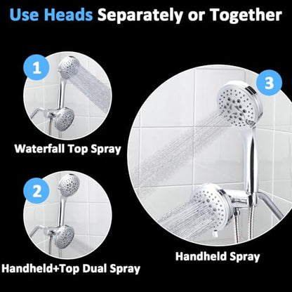 High Pressure Rain Shower Head Combo with Fixed and 9 Sprays Handheld, Non-Clogging Nozzles, Stainless Steel Hose with Adjustable Bracket Double Shower Head