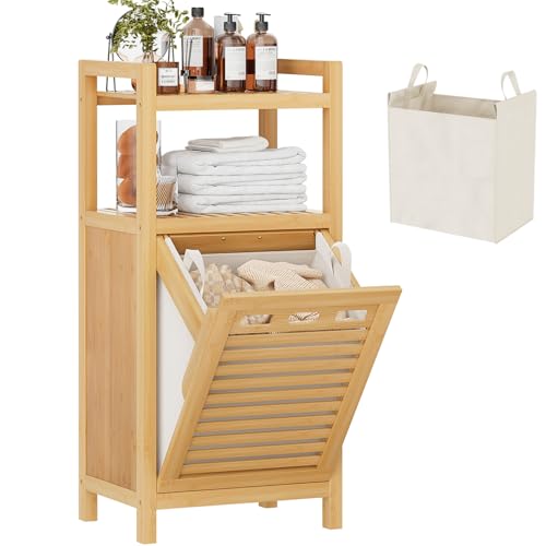 Tilt Out Laundry Hamper, 10 Gal Bamboo Laundry Storage Cabinet with Removable Basket, Hidden Hamper Organizer with Shelf for Dirty Clothes, Bathroom, Laundry Room, Space Saving, Natural - color: Natural, size: Standard