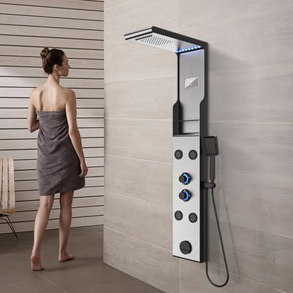 ELLO&ALLO LED Rainfall Shower Head and Rain Massage System with Body Jets Stainless Steel Bathroom Shower Panel Tower System with Shelf, Brushed Nickel&Black