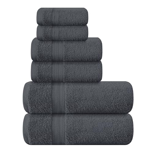 BOUTIQUO 6 Pack Cotton Towel Set, Contains 2 Bath Towels 27x54 inch, 2 Hand Towels 16x24 inch & 2 Wash Coths 12x12 inch, Ideal Everyday use, Ultra Soft Compact & Lightweight - Charcoal Grey - color: Charcoal Grey, size: 6 Piece Towel Set