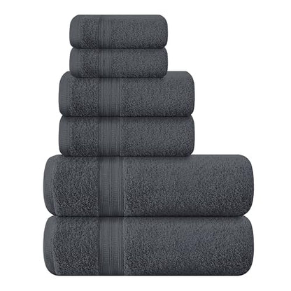 BOUTIQUO 6 Pack Cotton Towel Set, Contains 2 Bath Towels 27x54 inch, 2 Hand Towels 16x24 inch & 2 Wash Coths 12x12 inch, Ideal Everyday use, Ultra Soft Compact & Lightweight - Charcoal Grey - color: Charcoal Grey, size: 6 Piece Towel Set
