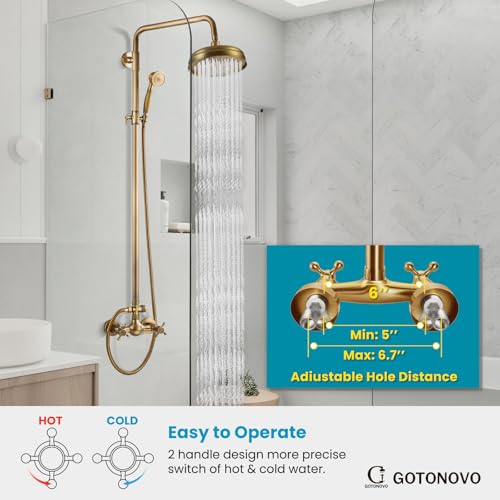 gotonovo Exposed Shower System Wall Mount,Antique Brass,Metal Handheld | 8” Rain Shower Head Faucet Set Fixtures,2 Function,Two Cross Handle,Height Adjustable,for 5-6.7" Hole,Indoor Victorian Retro - color: Antique Gold