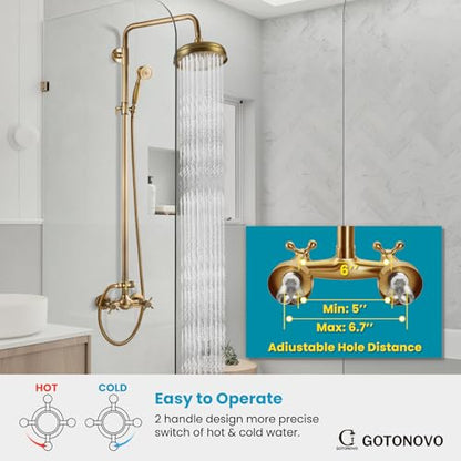 gotonovo Exposed Shower System Wall Mount,Antique Brass,Metal Handheld | 8” Rain Shower Head Faucet Set Fixtures,2 Function,Two Cross Handle,Height Adjustable,for 5-6.7" Hole,Indoor Victorian Retro - color: Antique Gold