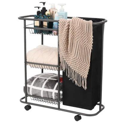 3-Tier Rolling Laundry Cart with Wheels and 45L Bag, Black | Between Washer and Dryer, Heavy Duty, For Narrow Space Laundry Room Bathroom Bedroom - color: Black