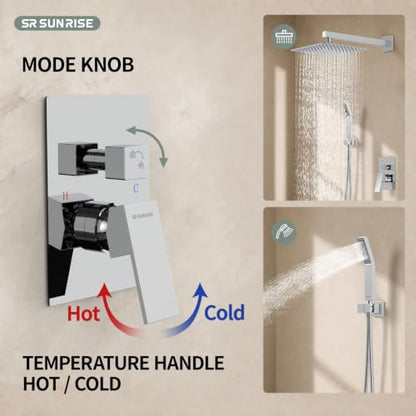 SR SUN RISE Polished Chrome Square Rainfall Shower Head and Handle Set, Wall Mounted Shower Fixtures, Metal Shower Faucet Trim Repair Kits (With Shower Valve) - color: Polished Chrome, size: 10 Inch