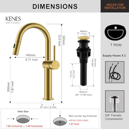 Brushed Gold 1 Handle Tall Vessel Sink Faucet with Pull Down Sprayer | Vessel Bowl Faucet with Pop Up Drain & Supply Lines, Lead-Free cUPC & NSF Certified, 1 Hole Faucet for Vanity RV Restroom - color: Brushed Gold, size: Tall