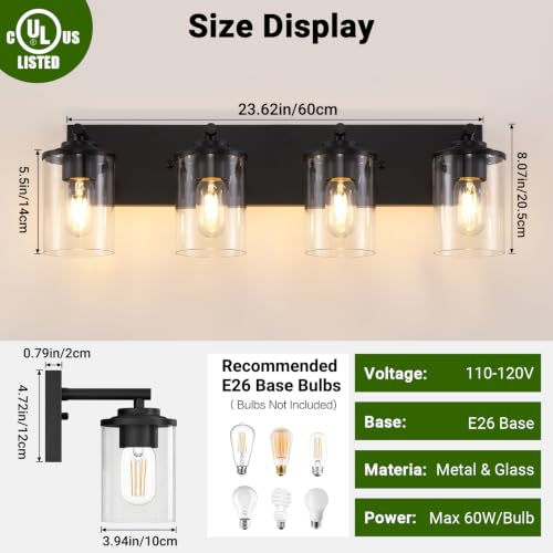 4-Light Bathroom Lighting Fixtures Over Mirror, Matte Black Bathroom Vanity Lights with Clear Glass Shade, Modern Vanity Lighting Fixtures for Living Room, Bedroom, Hallway - size: 4-Light
