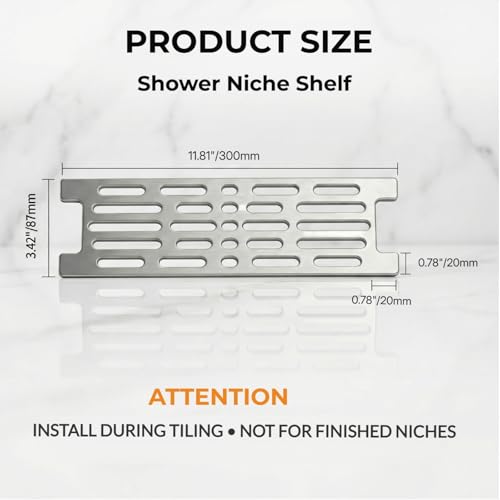 Shower Niche Shelf for 12 Inch Prefab Niches,Fits 1/8" Grout Lines | Brushed 304 Stainless Steel, Rustproof, Easy to Clean, for New Remodels (Install Pre-Tile), Fits Prefab Kerdi Board SN/-SNLT