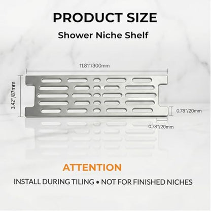Shower Niche Shelf for 12 Inch Prefab Niches,Fits 1/8" Grout Lines | Brushed 304 Stainless Steel, Rustproof, Easy to Clean, for New Remodels (Install Pre-Tile), Fits Prefab Kerdi Board SN/-SNLT