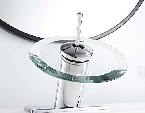 Waterfall Bathroom Sink Faucet Glass Spout Chrome One Handle Single Hole | Basin Vanity Bathroom Faucet Deck Mount with Cover Plate - color: Chrome, size: Short Design