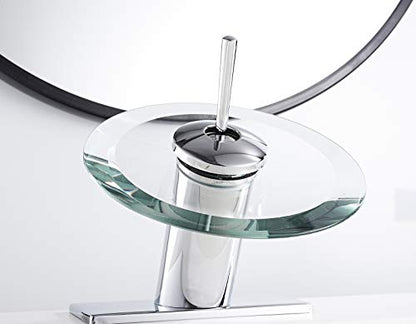 Waterfall Bathroom Sink Faucet Glass Spout Chrome One Handle Single Hole | Basin Vanity Bathroom Faucet Deck Mount with Cover Plate - color: Chrome, size: Short Design