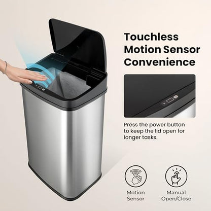 Ninestars 13 Gallon Automatic Trash Can, 50L Touchless Motion Sensor Garbage Can with Odor-Sealing Lid, Rectangular Stainless Steel, Black Trim - color: Black Trim